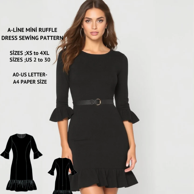 A-Line Mini Ruffle Dress Sewing Pattern:Evening Flounce Dress (US 2-30 & XS-4XL) (Digital Download)