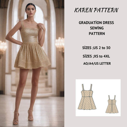 Mini Dress Sewing Pattern:Prom, Graduation (US 2-30, XS-4XL) (Digital Download)