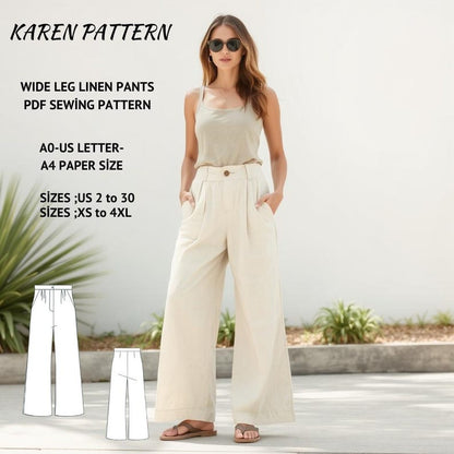 Linen Wide Leg Pants Sewing Pattern, Elastic Waist (PDF Pattern)