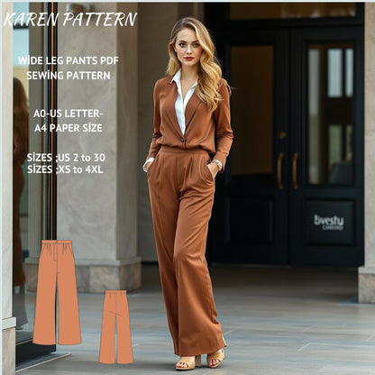 Wide Leg Pleated Trousers Sewing Pattern:US Size 2-30 (PDF Pattern)