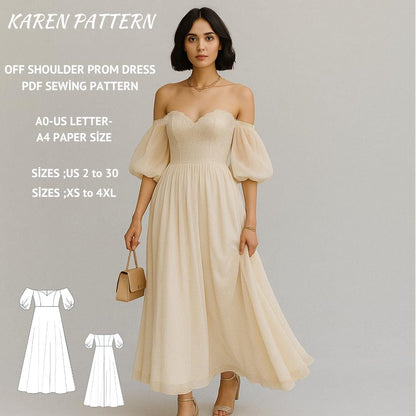 Off Shoulder Prom Dress Sewing Pattern: Tea Length, Circle Skirt (Digital Download XS-4XL)